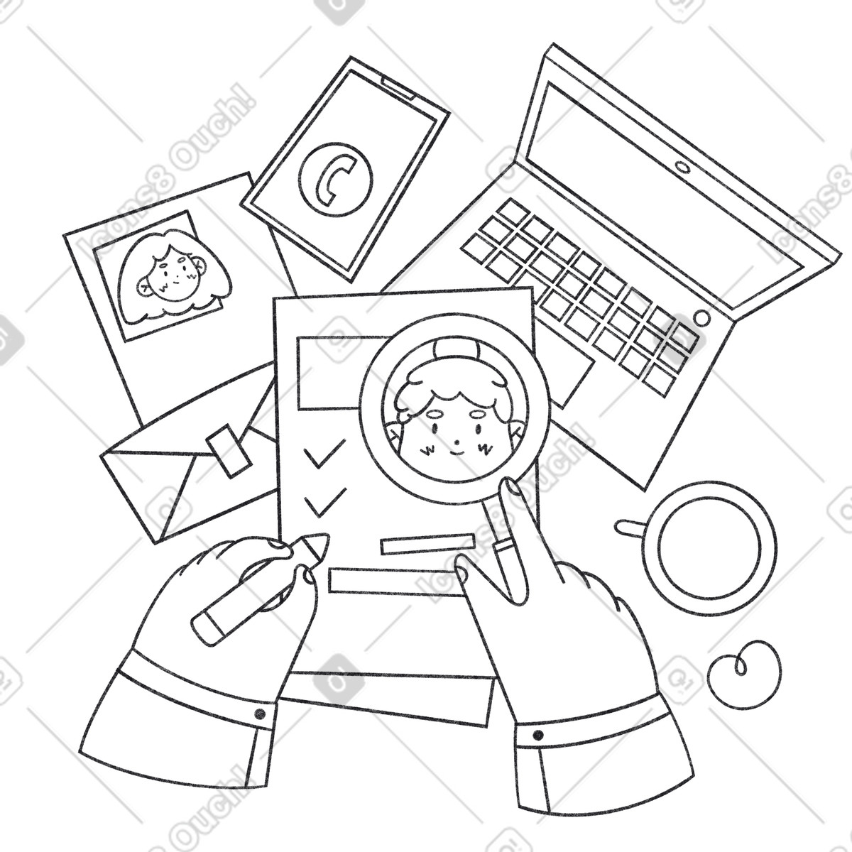 Hr manager esamina i candidati al curriculum per le offerte di lavoro dopo il colloquio illustrazione in stile Bonbon Line scarica in PNG, SVG