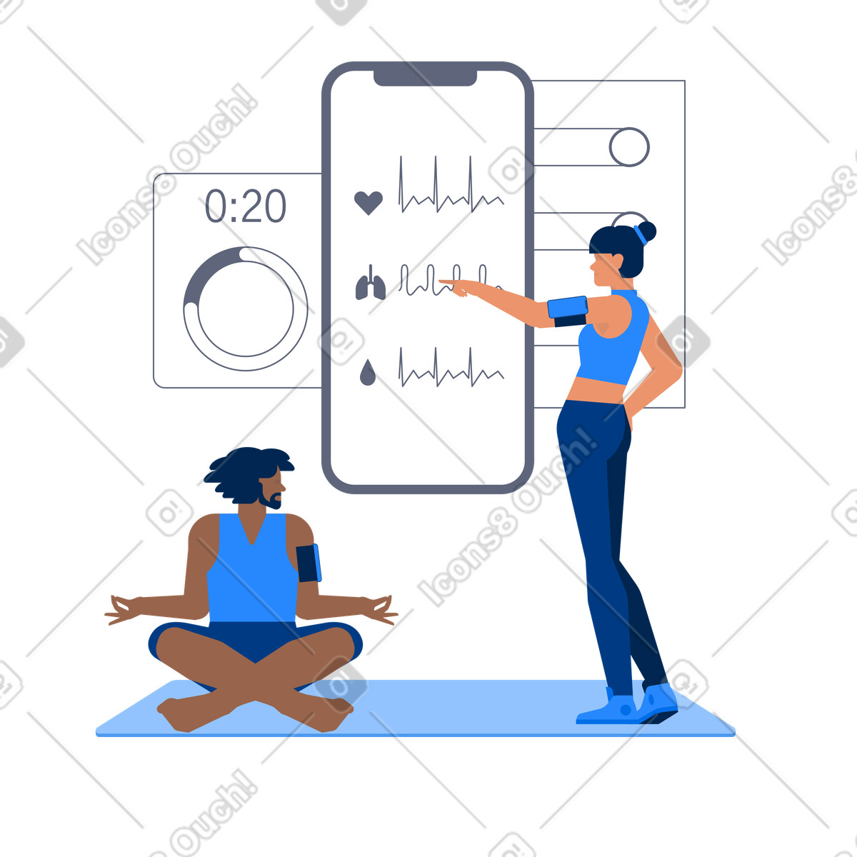 People using smart fitness trackers and app interface, Health monitoring wellness tracking illustration in Urban style download in PNG, SVG