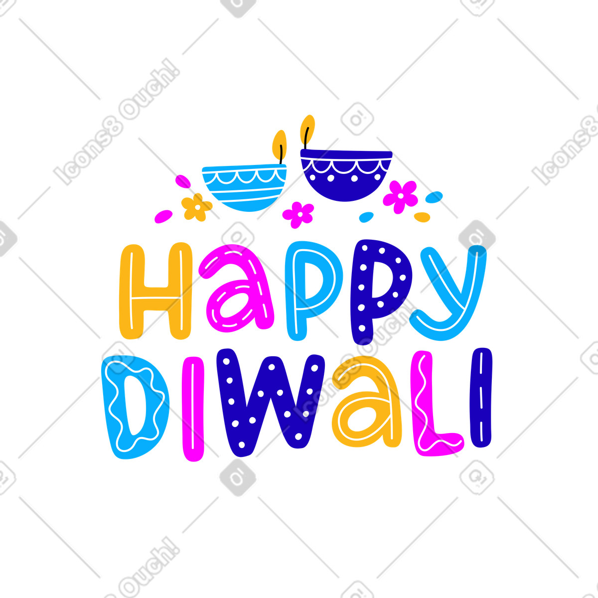 Illustration Lettrage joyeux diwali diya lampe texte dans le style Lettering à télécharger aux formats PNG, SVG