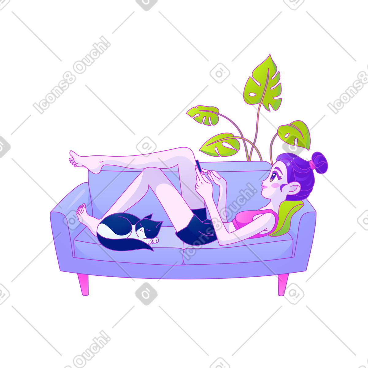 Girl lying on the couch and looking at her phone illustrazione in stile Experimental scarica in PNG, SVG