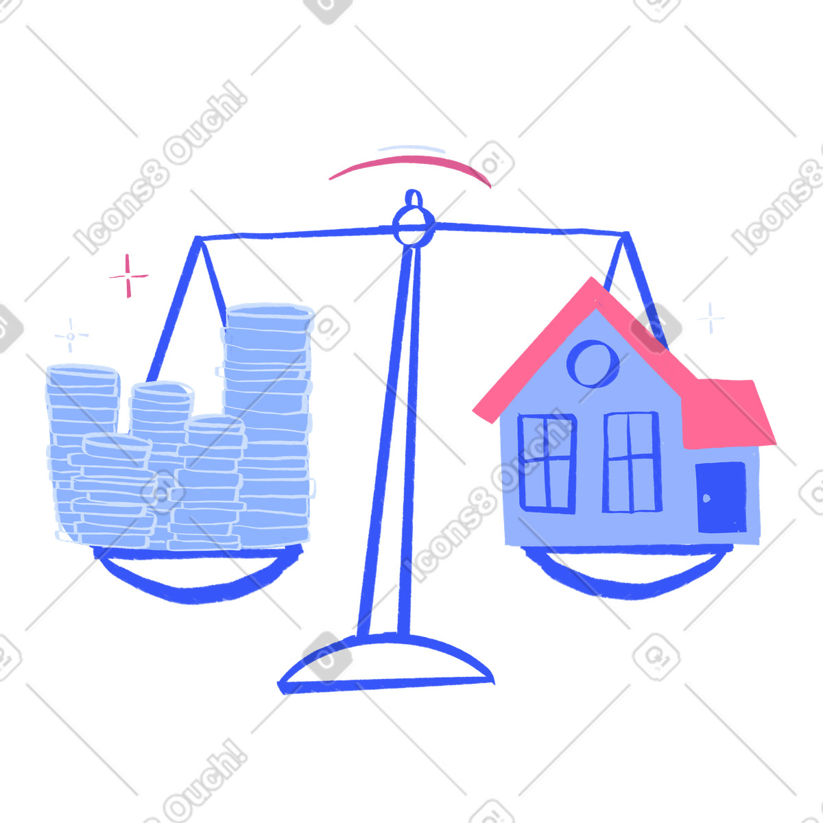 Illustration Scales with coins and a house dans le style Quirky à télécharger aux formats PNG, SVG