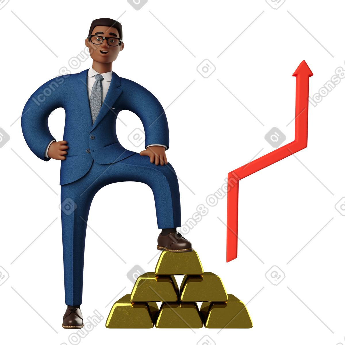 Businessman standing with one foot on a growing pile of bars illustration clipart in gold PNG, SVG, GIF