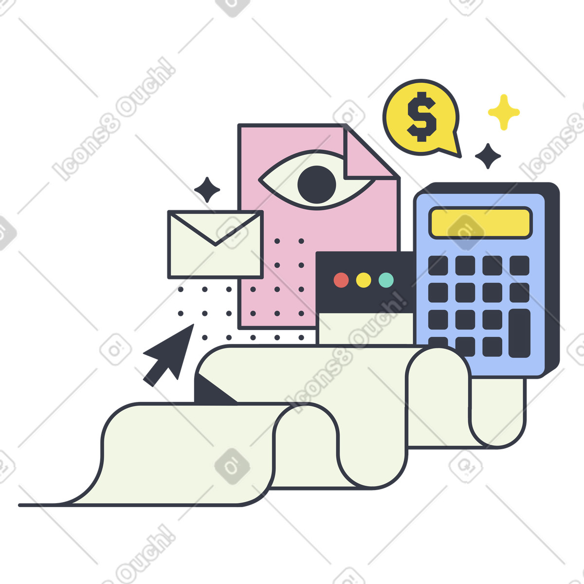 Calculator, browser and papers illustration in Abstract style download in PNG, SVG