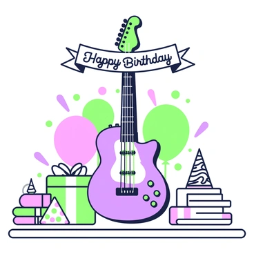 A birthday cake shaped like an electric guitar sits prominently on a table. The cake features intricate details resembling guitar strings and pickups, with a glossy finish highlighting its shape. Surrounding the cake are various party decorations including colorful balloons in the background, a stack of wrapped presents, and party hats scattered around. A banner hangs overhead that reads "Happy Birthday." On the table, there are plates and forks arranged neatly, ready for the guests.