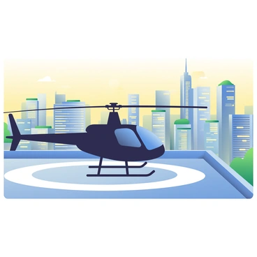 A sleek private helicopter with a glossy black exterior is descending towards a luxurious rooftop helipad. The helipad is outlined in bright white lights, contrasting against the smooth surface. In the background, a sprawling city skyline stretches across the horizon, showcasing tall skyscrapers with glass facades reflecting the afternoon sun. Some buildings have green terraces, adding a touch of nature to the urban landscape. The sky is a soft gradient transitioning from golden yellow near the horizon to a deeper blue higher up, indicating a beautiful day.