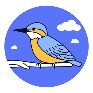 A belted kingfisher with a distinctive slate-blue head and a white collar is perched on a thin tree branch. Its wings are slightly open, displaying the intricate feather patterns. Below the bird, the deep blue sky serves as a vibrant backdrop, enhancing the colors of the kingfisher. Small, fluffy white clouds can be seen scattered in the background, adding contrast to the scene.