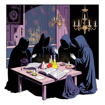 A group of mysterious figures clad in dark robes is gathered around a large wooden table in an ornate hall. The hall is dimly lit by flickering candles mounted on the walls, casting shadows that dance across intricate tapestries depicting ancient alchemical symbols. Elaborate chandeliers hang from the high ceiling, adorned with crystals that reflect the warm light. On the table, various glass vials filled with colorful substances are arranged alongside open ancient tomes filled with cryptic notes. One robed figure is gesturing animatedly, while others lean in closely, their faces obscured by hoods, hinting at a shared secretive purpose.