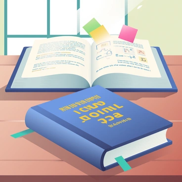 A hardcover book with a deep blue cover is resting flat on a rustic wooden table. The title of the book, "Understanding Normal Force," is embossed in gold on the front cover. The edges of the pages are slightly weathered, adding character to the book. A set of physics equations and diagrams related to normal force is visible on one of the open pages. There are a couple of colorful sticky notes protruding from the top, indicating important sections. Soft sunlight streams in through a nearby window, creating gentle shadows on the table surface.