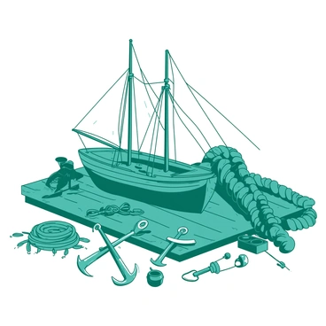 A teal collection of nautical supplies is displayed on a wooden surface. There are several thick, coiled ropes of various lengths scattered around. A pair of shiny silver anchors rests prominently, showcasing their intricate details. In the center of the collection, a beautifully crafted wooden ship model stands tall, featuring white sails and finely carved details on the hull. Surrounding the ship are small nautical tools and accessories, enhancing the maritime theme.