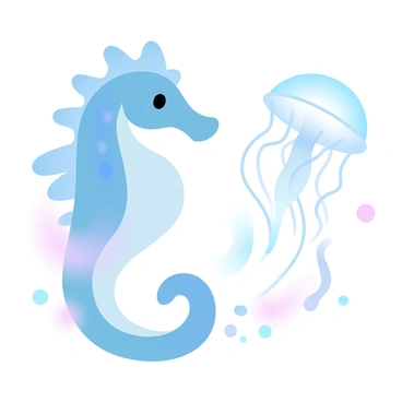 A playful seahorse is gracefully swimming in the water, showcasing its vibrant colors and intricate textures. Nearby, a delicate jellyfish is drifting effortlessly, its translucent bell and flowing tentacles creating a sense of movement. The seahorse appears to be curiously interacting with the jellyfish, positioned close enough to create a dynamic moment in the water. Soft, gradient pastel colors surround both creatures, enhancing the ethereal atmosphere of the underwater scene.