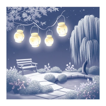 Several lanterns shaped like "goldfish" are hung from tree branches, casting soft, flickering light across the garden. The garden is filled with various plants and flowers, their leaves gently swaying in the night breeze. A stone path winds through the garden, leading to a small, tranquil pond reflecting the light from the lanterns. In the background, a wooden bench sits under a willow tree, inviting visitors to sit and enjoy the serene atmosphere. The night sky is dotted with stars, completing the peaceful scene.