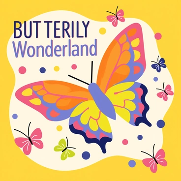 A retro-style poster featuring a large central butterfly with intricate patterns on its wings. The butterfly displays a mix of bold orange and blue colors, contrasting against a bright yellow background. Surrounding the butterfly are smaller butterflies with varying designs and colors, including pink and green. The overall composition is filled with geometric shapes in vibrant hues, creating a dynamic visual impact. The title "Butterfly Wonderland" is prominently displayed at the top in a playful, bold font.