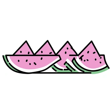 A minimalistic arrangement of watermelon slices, cut into triangular shapes, stacked in a row. Each slice displays a contrast of deep red flesh and green rind. The slices are positioned to create geometric patterns, with some overlapping slightly to enhance the design. The background is plain, emphasizing the vibrant colors of the watermelon.