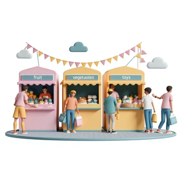 A vibrant marketplace filled with colorful stalls, each prominently displaying signs labeled with simple vocabulary words such as "fruit," "vegetables," "bread," and "toys." People of various ages and backgrounds are browsing the stalls, some holding shopping bags. Brightly colored fruits and vegetables are piled high on the stalls, while a vendor is handing a loaf of bread to a customer. In the background, decorative banners and string lights add to the lively atmosphere. The ground is paved with cobblestones, and the sky is clear with a few fluffy clouds.