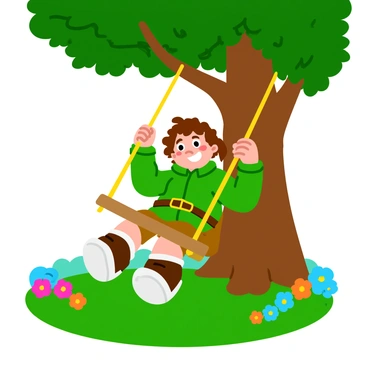 A joyful hobbit with curly brown hair and wearing a vibrant green jacket is swinging on a wooden swing. The swing is hanging from a sturdy, large tree with a thick trunk and lush green leaves. The hobbit's feet dangle above the grass as they swing back and forth, and their face is lit up with a wide smile, showing their delight. Sunlight filters through the leaves, casting playful shadows on the ground around the swing. In the background, colorful flowers bloom, adding to the cheerful atmosphere.