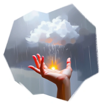 A hand with delicate fingers, partially illuminated, is swirling a tempest of dark, billowing clouds in a stormy sky. The clouds are a deep gray, filled with hints of blue, and they twist and turn as if responding to the movement of the hand. Raindrops cascade downward from the clouds, creating streaks against the dark backdrop of the sky. The scene captures a dynamic interaction between the hand and the atmospheric elements, emphasizing the power and energy of the swirling storm.