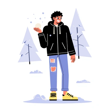 An eboy wearing a black puffer jacket with a hood is standing in a snowy landscape. He has dark hair peeking out from under the hood, and a playful expression on his face. In his right hand, he holds a snowball, ready to throw. Snowflakes are gently falling around him, and there are snow-covered trees in the background. His outfit is completed with ripped jeans and chunky sneakers, adding to his urban style. The ground is blanketed in a thick layer of fresh snow, and there are small snowdrifts nearby.