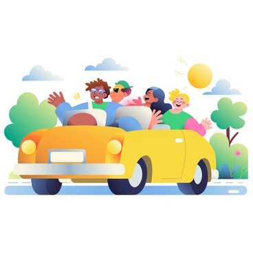 A group of three friends is leaning out of the open window of a bright yellow convertible car. One friend has curly brown hair blowing wildly in the wind, while another friend with straight black hair is wearing sunglasses, grinning widely. The third friend, with short blonde hair, is laughing and holding their arms out, feeling the rush of the air. The car is driving along a scenic road lined with green trees and colorful wildflowers. The sun is shining brightly, casting warm light on the scene, enhancing the joyful atmosphere of their road trip.