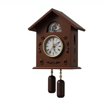 A traditional cuckoo clock made of rich, dark wood, featuring intricate carvings of leaves and animals on its surface. The clock has a pendulum swinging gently, with visible clockwork mechanisms showcased through a clear glass panel. A small door at the top opens to reveal a charming cuckoo bird that pops out on the hour. The clock face displays Roman numerals and ornate hour and minute hands. Two weights hang down from chains, adding to the classic design of the timepiece.