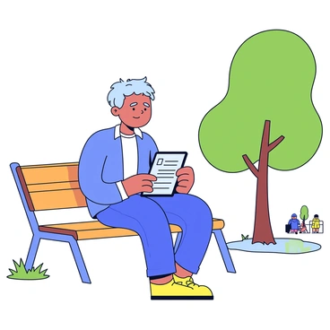 A person sitting on a wooden park bench with a light brown finish. The person is holding a tablet in their hands, focused on filling out a feedback form displayed on the screen. The individual is wearing a casual blue shirt and jeans. Nearby, there are green trees providing shade, and a few scattered park visitors can be seen in the background. The ground is covered with soft grass, and a small path runs beside the bench.