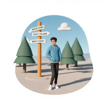 A person, wearing a blue jacket, black jeans, and white sneakers, stands at a crossroads. The individual has a puzzled expression, with furrowed brows and wide eyes, glancing at various signposts around. The signposts are tall and wooden, each pointing in different directions with distance markers and names of places like “North Town,” “East Village,” and “West Coast.” The background features a clear blue sky and green trees surrounding the area, enhancing the sense of being outdoors. The ground is a mix of dirt and gravel, showing signs of wear from foot traffic.