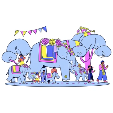 A large elephant adorned with vibrant, multi-colored fabrics and intricate beading stands proudly. The elephant wears a decorative headdress made of flowers and jewels that cascade down its neck. Surrounding the elephant are smaller elephants, each similarly decorated with patterns that are bright and lively. People in traditional clothing walk alongside the elephants, some holding flags and others clapping in celebration. Colorful banners hang from the trees, adding to the festive atmosphere. The ground is covered with a mix of flower petals and confetti, creating a joyful scene during the cultural festival.