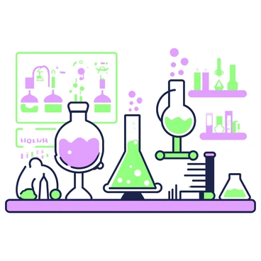 A laboratory bench is cluttered with various beakers and flasks. There are three bubbling beakers positioned prominently at the center, with one emitting a series of small bubbles, another showcasing a vibrant reaction with a noticeable effervescence, and the third displaying a swirling mixture. Each beaker is supported by a green stand. The bench is lined with tubes and pipettes, and there are chemical formulas written on a notepad nearby. In the background, shelves are filled with jars containing different substances, labeled clearly for easy identification.