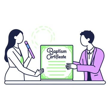 A decorative baptism certificate is positioned on a wooden table. The certificate features ornate borders and elegant lettering that reads "Baptism Certificate." On either side of the certificate, two witnesses are present, one on the left and one on the right. The witness on the left is a woman with long hair, wearing a light dress, and she is holding a blue pen poised above the document. The witness on the right is a man in a suit, looking attentively at the certificate. There is a soft light illuminating the scene, enhancing the details of the certificate and the expressions of the witnesses.