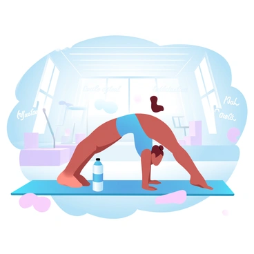 A gymnast is stretching on a colorful yoga mat in the center of a bright, spacious gym. The gymnast is wearing a fitted leotard and is positioned in a deep lunge, one leg extended behind them. The gym is filled with natural light streaming through large windows, illuminating various gymnastic equipment in the background. On the walls, there are motivational quotes and a warm color palette enhances the inviting atmosphere. A water bottle and a towel are placed nearby on the mat.