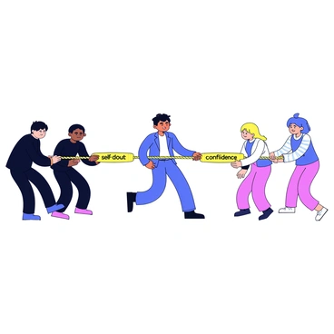 A person stands in the center of a tug-of-war scene. On one side, there is a large rope labeled "self-doubt" being pulled by shadowy figures that represent insecurities. On the opposite side, another group of figures, illuminated and vibrant, pull the rope labeled "confidence." The person appears to be straining in the middle, with one arm reaching towards the "confidence" side and the other arm being tugged back towards "self-doubt." The expressions on the person's face reflect a mix of determination and uncertainty.
