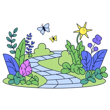 A botanical garden scene featuring a variety of plants, including tall ferns and leafy shrubs. There are colorful flowers with rounded petals and twisting vines intermingling throughout the garden. The background includes a gently winding pathway made of cobblestones, lined with small green hedges. A few butterflies are fluttering above the flowers, and the sun shines down, casting soft shadows on the ground.