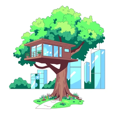 A modern treehouse with large glass windows is perched high in the branches of a sturdy tree. The treehouse has a sleek wooden exterior and a flat roof adorned with small potted plants. Below, the vibrant green leaves of the tree create a natural canopy that filters sunlight. Surrounding the treehouse, tall buildings made of concrete and glass rise sharply into the sky, reflecting the sunlight. A pathway winds through the park, leading to the base of the tree, where colorful flowers bloom around the roots. The scene showcases a harmonious blend of nature and urban architecture.