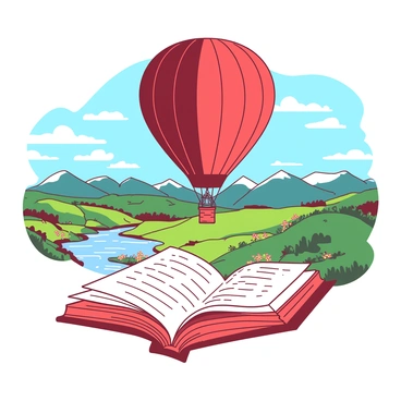 A red hot air balloon is shaped like an open book, with the pages gently billowing in the wind. The balloon is soaring high above a scenic landscape that features rolling green hills and patches of colorful wildflowers. Below, a clear river winds through the valley, reflecting the blue sky above. In the distance, a range of majestic mountains rises, their peaks capped with white snow. Wispy white clouds drift lazily across the sky, enhancing the peaceful atmosphere of the scene.