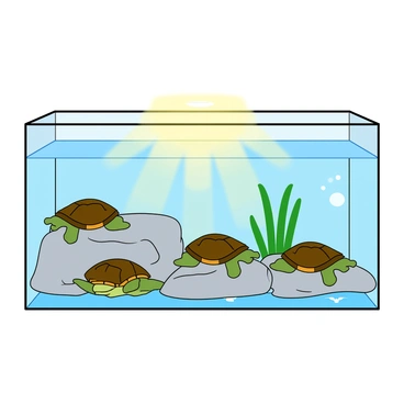 A large rectangular glass tank filled with clear water. Inside the tank, several turtles are basking on smooth, flat rocks positioned near the surface. The turtles have greenish-brown shells and some have yellow markings on their heads. Above the tank, a bright warm light is shining down, creating gentle reflections on the water's surface. The water in the tank is calm, with a few small bubbles rising. In the background, aquatic plants are gently swaying in the water, adding a touch of green to the scene.