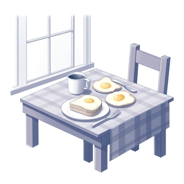 A small wooden kitchen table is set for breakfast. On the table, there is a plate with two sunny-side-up eggs placed neatly beside two slices of toasted bread. A fork and knife are arranged next to the plate. The table has a simple, checkered cloth covering it, and there is a window in the background with light streaming in, casting soft shadows. A steaming cup of coffee sits beside the plate, completing the breakfast scene.