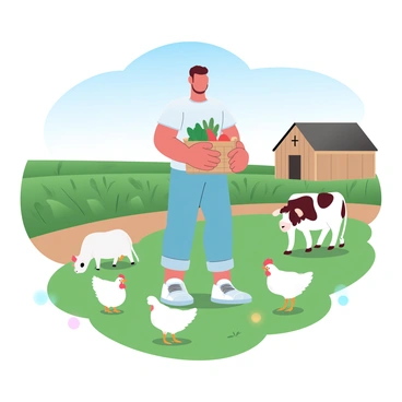 A person is standing in a lush green field, surrounded by various farm animals including chickens pecking at the ground and a cow grazing nearby. The individual is wearing casual, comfortable clothing and has a content stance while holding a basket filled with fresh vegetables. In the background, there are rows of crops thriving under a clear blue sky. A wooden barn is visible to the side, adding to the rustic charm of the scene. Gentle gradients of pastel colors enhance the overall atmosphere.