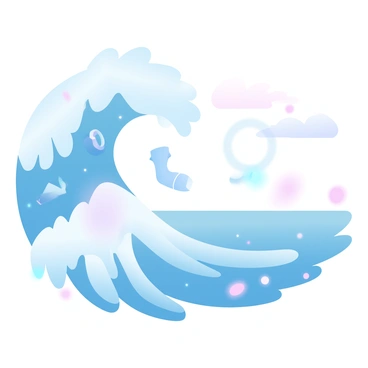 An ocean wave cresting with dynamic motion and foam. Within the translucent body of the wave are images representing various personal milestones: a graduation cap, a wedding ring, a baby bootie, and a trophy. Each image is seamlessly integrated into the flowing water, surrounded by gradient pastel colors that enhance the wave's beauty. The background features a soft horizon where the ocean meets the sky, creating a peaceful atmosphere.