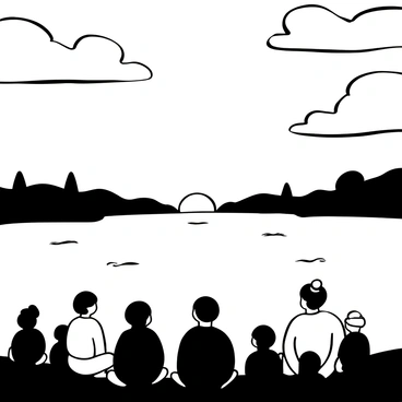 A collection of Shugao figures of varying sizes is gathered at the edge of a calm lake. The figures are positioned in a semi-circle, facing the horizon where the sun is just beginning to rise, casting a warm glow across the water's surface. The lake reflects the light, creating a shimmering effect. Gentle ripples spread out from the shore, and the surrounding landscape features silhouettes of distant trees and hills. The sky above is filled with a blend of large, softly shaped clouds that contrast against the brightness of the sunrise. The entire scene conveys a sense of tranquility and anticipation.