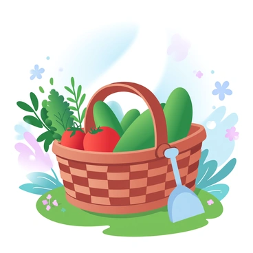 A wicker basket is filled to the brim with freshly picked herbs, red tomatoes, and green cucumbers. The basket is placed on the grass with a background of blooming flowers and lush greenery. Sunlight filters through the leaves of nearby plants, casting gentle patterns of light and shadow on the basket and surrounding area. A few small gardening tools are resting beside the basket, adding to the garden atmosphere.