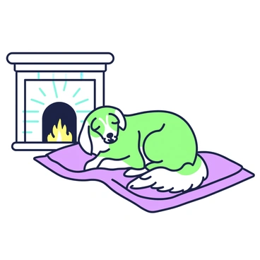 A borzoi with a long, slender body is curled up peacefully on a cozy blanket. The blanket is textured and layered, adding warmth to the scene. The borzoi's fur is soft and elegant, with a relaxed expression on its face as it sleeps. Nearby, a fireplace is visible, with flames gently flickering in the hearth. The fireplace has a classic design, featuring stonework and a wooden mantel. Soft, glowing light emanates from the fire, casting a warm ambiance across the room.
