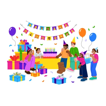 A festive birthday party scene featuring colorful decorations inspired by a popular storybook. Brightly colored balloons float in the air, while banners hang from the walls, each adorned with illustrations from the story. A large, playful cake sits on a table, decorated with vibrant frosting and topped with themed cake toppers. Nearby, gift boxes wrapped in colorful paper are piled high, adding to the celebratory atmosphere. The floor is scattered with confetti, and a cheerful group of children, dressed in party hats, are gathered around the cake, ready to celebrate.