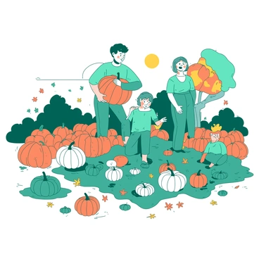 A teal family of four is in a sprawling pumpkin patch filled with various sizes of pumpkins scattered around. The parents are lifting a large orange pumpkin while the two children, a boy and a girl, are crouched down examining smaller pumpkins. Bright orange and yellow autumn leaves are scattered throughout the patch, some clinging to the ground while others are gently falling from nearby trees. The sun is shining down, creating a warm atmosphere as the family enjoys their pumpkin picking adventure together.
