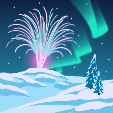 A vibrant display of "fireworks" erupts in various colors, illuminating the night sky. The "Northern Lights" swirl gracefully above, showcasing hues of green, purple, and blue. Below, a "snowy landscape" stretches out, covered in thick layers of pristine white snow. In the foreground, a few "snow-covered pine trees" stand tall, adding depth to the scene. The contrast between the bright lights of the fireworks and the soft glow of the auroras creates a stunning visual spectacle.