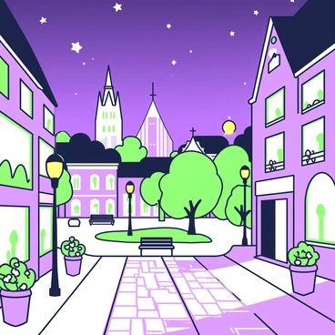 A view of the city of Fulda at night, showcasing buildings with varied architectural styles under a starry sky. Streetlights cast a warm glow on the cobblestone streets, illuminating a nearby park with benches and trees. In the distance, the silhouette of a cathedral stands tall against the night sky, while soft light reflects off the windows of nearby shops and cafes. The street is lined with blooming flowerpots, adding detail to the scene. Stars twinkle brightly above, creating a serene atmosphere over the bustling city.