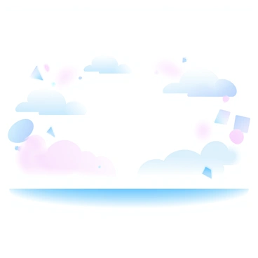 A vast horizon stretches across the image, where the sky is filled with gradient pastel colors. The sky transitions seamlessly into various abstract geometric patterns that elegantly blend into the clouds. The patterns include triangles, circles, and squares in soft hues, creating a harmonious composition. The ground below is a smooth surface that reflects the colors and patterns from above, enhancing the overall visual effect.