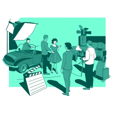 A 1950s film set with directors and actors preparing for a scene