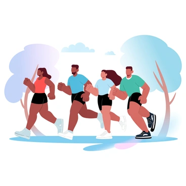 A diverse group of friends is jogging on a tree-lined path. The group includes individuals of different ethnicities and genders, all wearing athletic clothing suitable for exercise. One person is wearing a bright red tank top, while another is in a blue sports shirt. A third person has on black running shorts and a green t-shirt. They are engaging in conversation, with one friend laughing and gesturing while another is looking ahead with a focused expression. The sun casts soft shadows on the ground as trees provide a dappled light effect around them.