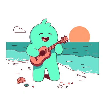 A teal Shugao figure is standing on a sandy beach, playing a vibrant orange ukulele. The figure has a joyful expression, with its eyes closed while enjoying the melody. Gentle waves are lapping at the shore, creating a soft rhythm that complements the music. In the background, the sun is setting, casting a warm glow over the scene. Small seashells are scattered on the sand around the figure, adding to the beach atmosphere. The ocean is calm, and a few fluffy white clouds are drifting in the sky.