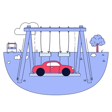 A child's toy car in bright red color is left abandoned on a weathered wooden swing in a deserted playground. The toy car has small scratches and scuff marks, indicating it was once played with. Surrounding the swing are faded swings and a rusted slide, all under a cloudy gray sky. Weeds are growing through the cracks in the pavement, and a distant tree is shedding its leaves, adding to the sense of desolation.