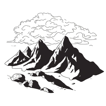 A dramatic landscape featuring towering mountains with rugged peaks that rise sharply against the horizon. The mountains have a textured surface, showcasing jagged rocks and steep cliffs. Above them, a cloudy sky is filled with dense, swirling clouds that create a sense of movement. Shadows cast by the clouds play across the mountains, emphasizing their towering presence. The scene evokes a feeling of grandeur and awe, highlighting the vastness of nature.